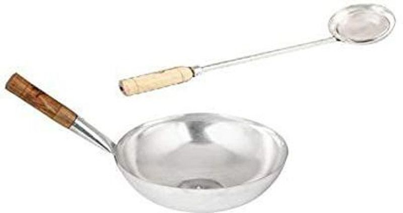 damurhu Chinese Iron Kadai with Wooden Handle, with Stainless Steel Big Size LADDLE with Wooden Handle (Classic Blue) Kadhai 6 cm diameter 0.5 L capacity  (Iron)