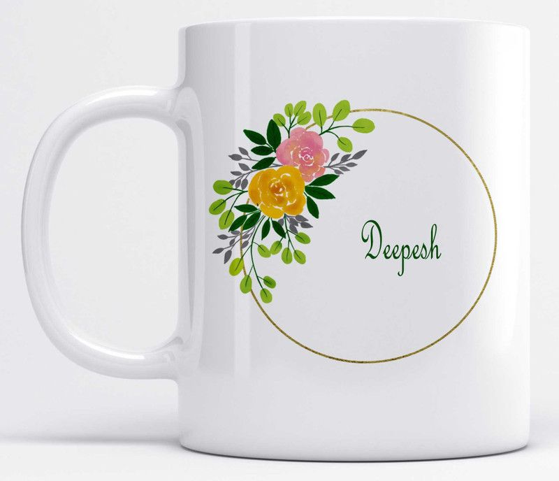 Name Deepesh Printed Leaves And Flower Design Ceramic Coffee Mug  (350 ml)