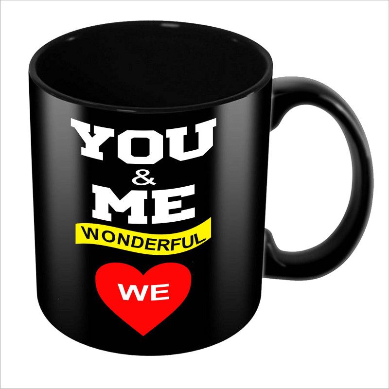 ADITI Designs You And Me Wonderful We red heart Cliparton Solid Black Ceramic Coffee Mug  (350 ml)