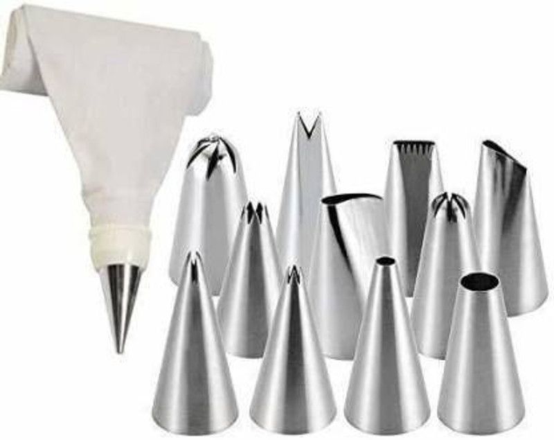 Anadya 12 Pcs Cake Decorating Nozzles with Reusable Piping Bag Stainless Steel Piping Cream Frosting Nozzles Set/Icing Tips Cake Cupcake Muffin Decorating Tool Silver Cake Server  (Pack of 12)