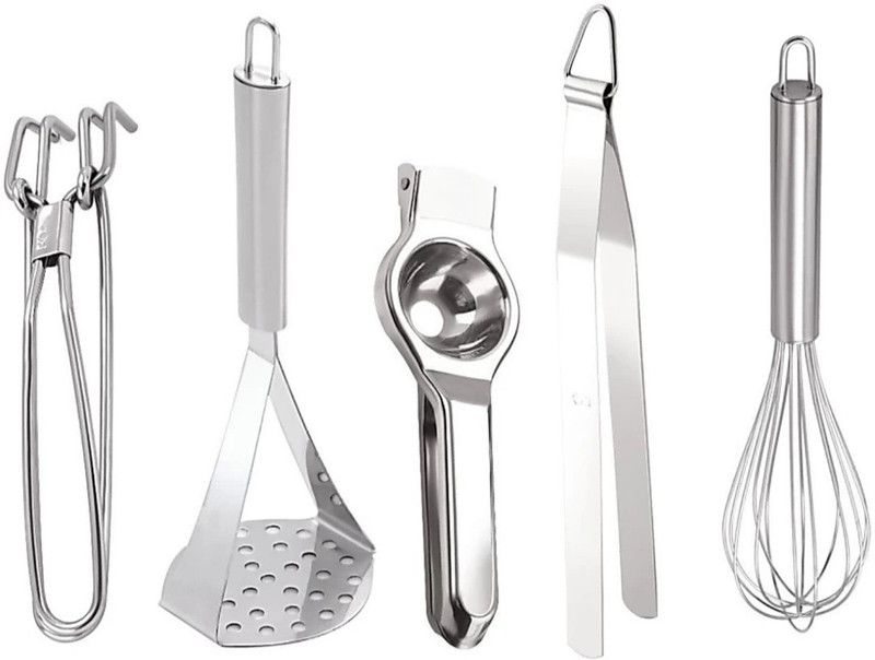 D S 1 PAKKAD, 1 WHISK, 1 LEMON SQUEESER 1 CHIMTA(TONG) 1 MASHER , 5 PCS HEAVY QUALITY STAINLESS STEEL SET Kitchen Tool Set  (Masher, Whisk, Tong, Juicer)