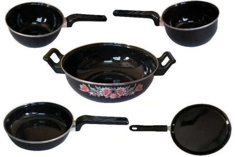 Blooming India Blooming India Cookware Set of 5 Black Non Stick Induction Bottom Non-Stick Coated Cookware Set  (Aluminium, 4 - Piece)