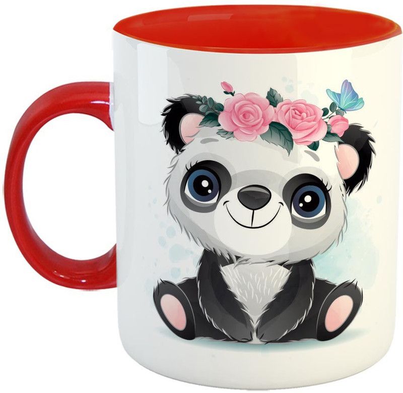 Furnish Fantasy Cute baby Panda with floral Ceramic Coffee - Best Birthday Gift For Boys, Girls, Kids, Return Gifts - Color - Red (0772) Ceramic Coffee Mug  (350 ml)