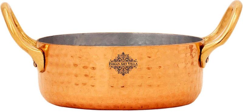 IndianArtVilla Copper Hammered Round Dish Double Brass Handle With Tin Lining, 600 ML,Tableware Kadhai 14.75 cm diameter 6 L capacity  (Copper)