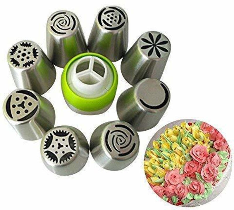 Breewell Stainless Steel Icing Nozzles with 1 Coupler for Decorating Cupcake Pastries Desserts Tarts Pie Steel Multi-opening Icing Nozzle  (Multicolor Pack of 9)