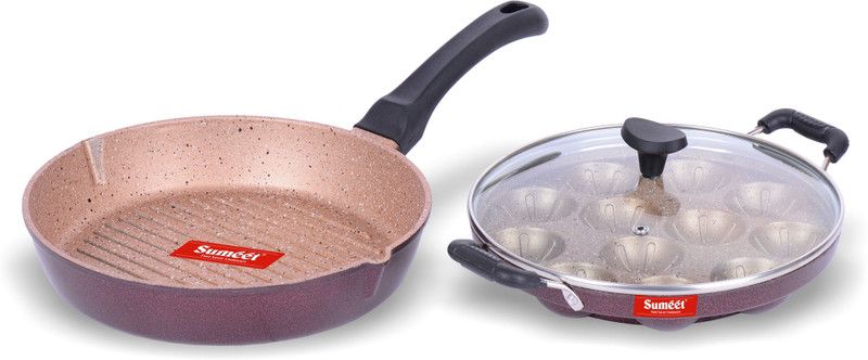 Sumeet Nonstick Granite Finish INOVA Combo set (Grill Appam Patra With Glass Lid - 12 Cavity - 23cm Dia + Round Grill Pan 25.5cm Dia) Non-Stick Coated Cookware Set  (Aluminium, 3 - Piece)