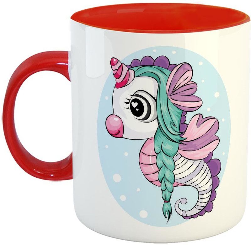 Furnish Fantasy Beautiful sea horse unicorn Ceramic Coffee - Best Birthday Gift for Daughter, Sister, Unicorn Lover - Color - Red (0765) Ceramic Coffee Mug  (350 ml)