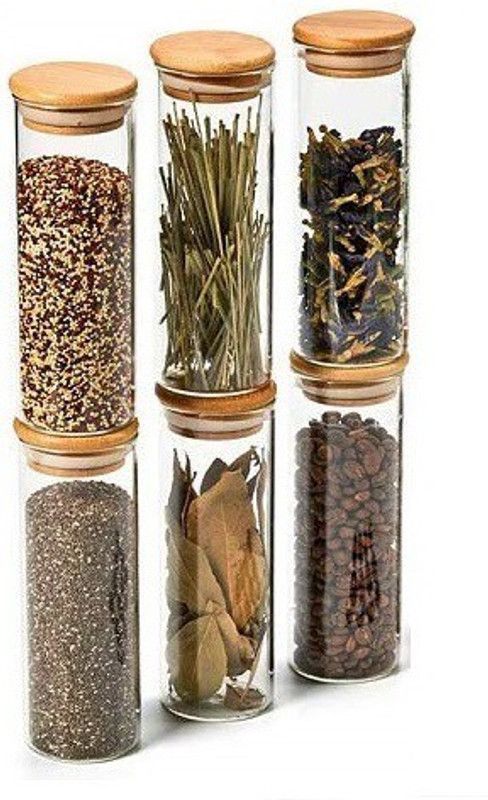 FABEX - 320 ml Glass, Wooden Tea Coffee & Sugar Container  (Pack of 6, Clear)
