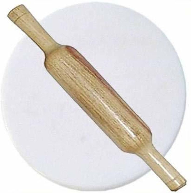 arba Handicraft Chakla or Pure White Marble Roti Maker or Rolling Pin Board or Round Cheese Platter, Serving Tray, Chapati Flatbread Tortilla presser, Rolling Pin & Board  (Pack of 2)