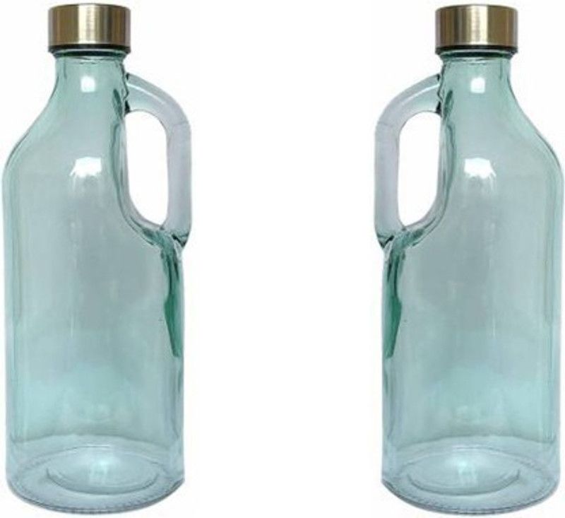 KITCHEN USE Green Glass Water Bottles with Handle for Refrigerator 1000 ml Bottle 1000 ml Bottle  (Pack of 2, Green, Glass)