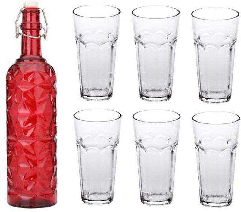 AFAST Bottle & 6 Glass Serving Lemon Set, Red, Clear, Glass - A1016 Jug Bottle Glass Set  (Glass)
