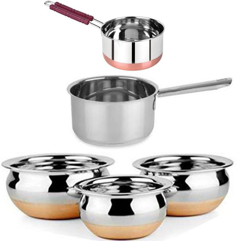 Neera 3 Pcs C B Handi – 2000ml & 2 Pcs Sauce Pan – 2.6 Liter.- 4600ml. Handi 4.6 L (Stainless Steel Gas Stove Compitable) Handi 1.8 L, 1.1 L, 0.8 L, 0.6 L, 0.4 L  (Stainless Steel)