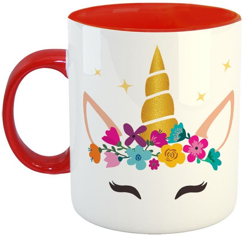 Furnish Fantasy Cute Unicorn with Flower Wreath Ceramic Coffee - Best Birthday Gift for Daughter, Sister - Color - Red (0878) Ceramic Coffee Mug  (350 ml)