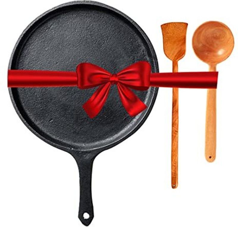 The Indus Valley Pre-Seasoned Cast Iron Tawa + Neem wood stir and flip Induction Bottom Cookware Set  (Cast Iron, 3 - Piece)