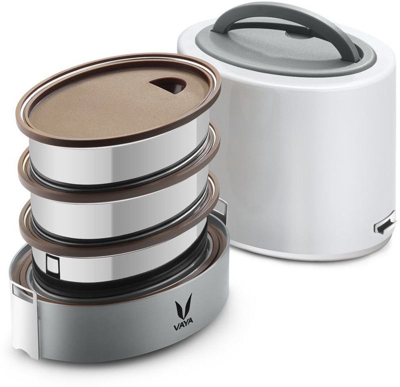 Vaya Tyffyn Lyte 1000 ml White Polished Stainless Steel Tiffin Box without BagMat (One 400 ml + Two 300 ml Containers) - 3 Containers Lunch Box  (1000 ml, Thermoware)