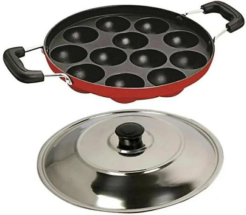 NKZ APPAM PATRA RED HOT Paddu Maker Ponganal Maker Paniarakkal Pan 23cm Diameter Euro sleek ( Aluminum & Non-Stick ) pot 12 with Lid Paniyarakkal with Lid ( Nonstick ) with Lid 1 L capacity 25 cm diameter  (Aluminium, Non-stick)
