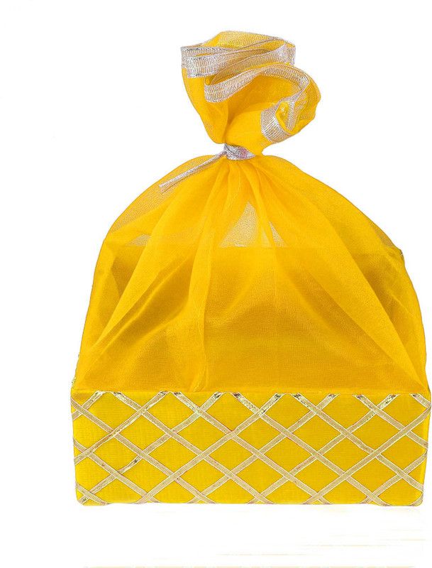 LINE 'N' CURVES Yellow Satin Fabric Royal Basket, Net Covered, Hanging Potli, Return Gift Baskets, Room Hamper Basket (Size- 10 x 10 x 3 Inches) (set of 4) Storage Basket  (Pack of 4)