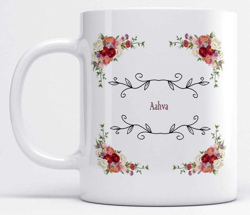 Floral Frame Name Aahva Printed Ceramic Coffee Mug  (325 ml)