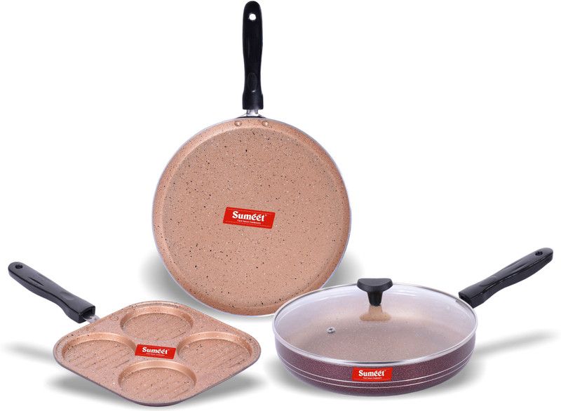 Sumeet Nonstick Granite Finish TRANQUIL 3 pc Cookware Set (Mini Multi Snack Maker - 4 Cavity - 19.5cm Dia + Dosa Tawa - 26.5cm Dia + Fry Pan With Glass Lid Non-Stick Coated Cookware Set  (Aluminium, 4 - Piece)