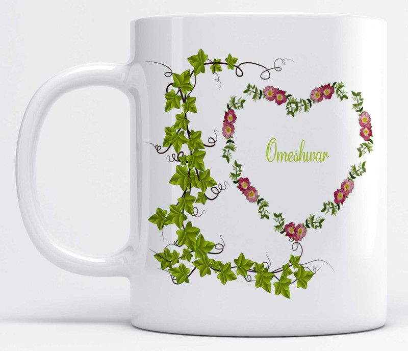 Name Omeshwar Printed Green Leaves And Heart Design Ceramic Coffee Mug  (350 ml)