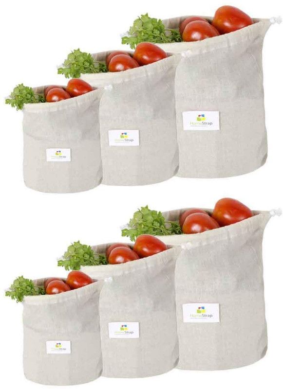 HomeStrap Cotton Reusable Muslin Fridge Storage Bag for Fruits & Vegetables Pack of 6 Grocery Bags  (Beige)