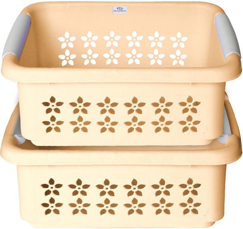 Heart Home Multipurpose Rectangle Shape Plastic Storage Basket Pack of 2 (Beige) Storage Basket  (Pack of 2)