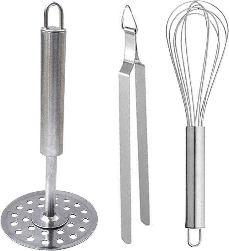 DreamBasket Stainless Steel Roti Chimta / Utility Tong & Potato Masher & Egg Whisk Kitchen Tool Set  (Silver, Masher, Tong)