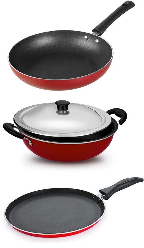 HM EVOTEK 3 Layer Coated Fry Pan Without Lids & Dosa Flat Tawa MAker , Kadai With Lids Non-Stick Coated Cookware Set  (Aluminium, 3 - Piece)