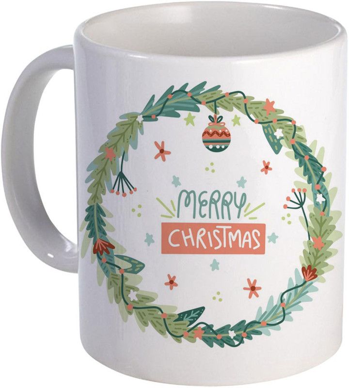 COLOR YARD happy merry christmas with handdrawn illustrated christmas wreath design on Ceramic Coffee Mug  (320 ml)