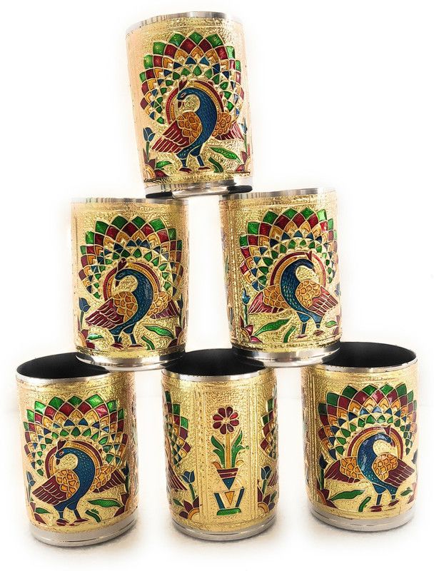 NAVRANG (Pack of 6) Glass Set Meenakari, Water Glass, Juice Glass Glass Set Water/Juice Glass  (250 ml, Steel, Gold)