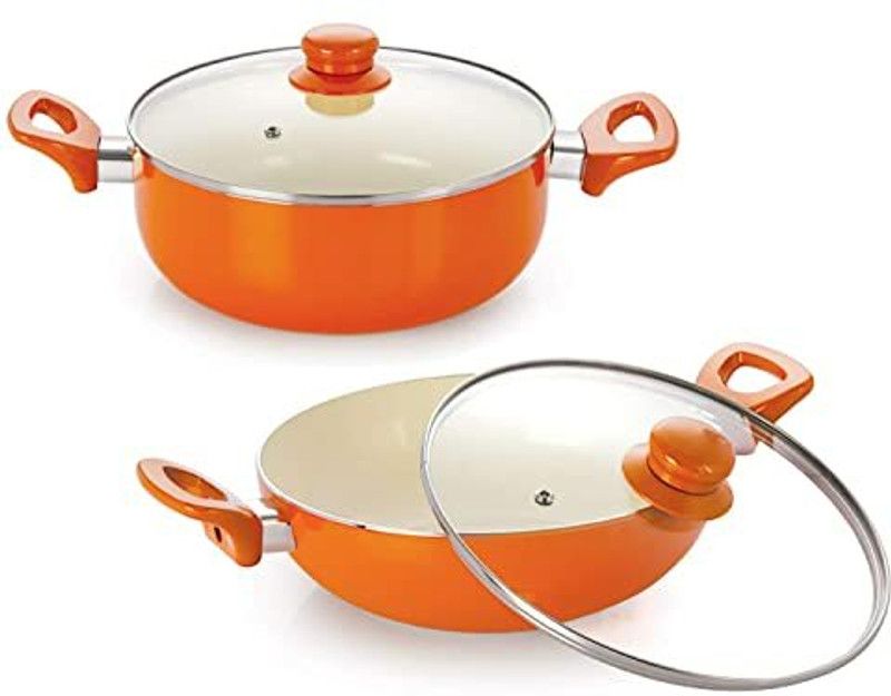 NIRLON Aluminium Non Stick Induction Based Ceramic Kadhai and Casserole Set Kadhai 20 cm diameter with Lid 2.1 L capacity  (Aluminium, Non-stick, Induction Bottom)