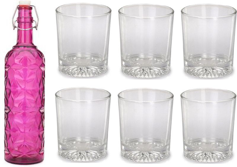 AFAST Bottle & 6 Glass Serving Lemon Set, Pink, Clear, Glass - A783 Jug Bottle Glass Set  (Glass)