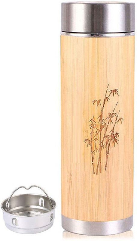 PagKis Bamboo Stainless Steel Flask Water Bottle Thermos with tea strainer (Hot n Cold) 450 ml Flask  (Pack of 1, Beige, Bamboo)