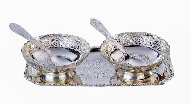 Delhi Gift House Silver Plated 2 Bowls & Spoon Set With Tray Brass Decorative Platter (Silver, Pack of 5) Bowl, Spoon, Tray Serving Set  (Pack of 5)