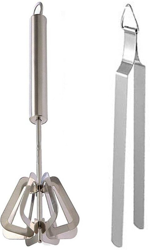 JISUN Stainless Steel Power Free Hand Blender/Mathani/Hand Mixi/Ravai/Madhani & Tong Roti Sekne Chimta Kitchen Tool Set  (Silver, Blender, Tong)