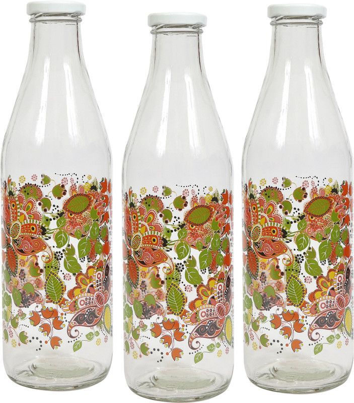 Agile Printed Designer Italian Freeze Safe Air Tight Flip Cap Clear Glass Water, Milk And Juice Bottle (1000 Ml) ,Pack Of 3 1000 ml Bottle  (Pack of 3, Multicolor, Glass)