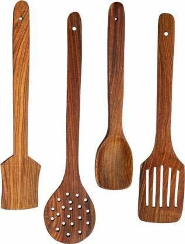 Wood Art Store Handmade Wooden Non-Stick Serving and Cooking Spoon Kitchen Tools Utensil, Set of 4 Kitchen Tool Set  (Cooking Spoon, Spatula)