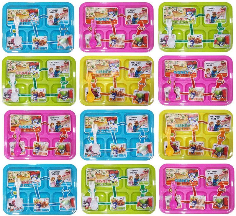 Kotak Sales Kids Children Trendy Fun Food Lunch Dinner Plate with 2 in 1 Spoon Fork Food Grade BPA Free Material Return Gift for Kids Birthday Party (Set of 12 Pcs) Dinner Plate  (Pack of 12)