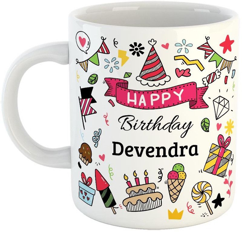 Furnish Fantasy Happy Birthday Ceramic Coffee - Best Birthday Gift for Son, Daughter, Brother, Sister, Gift for Kids, Return Gift - Color - White, Name - Devendra Ceramic Coffee Mug  (350 ml)