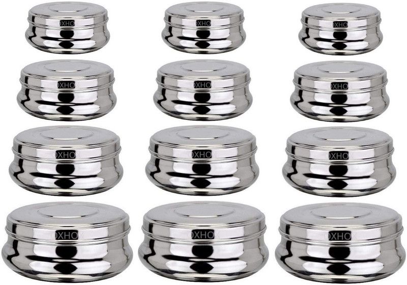 Oxhox Stainless Steel 12 Pieces Storage Set With Stainless Steel Lid (High-Grade Stainless-Steel) - 250 ml, 350 ml, 500 ml, 750 ml Steel Grocery Container  (Pack of 12, Silver)