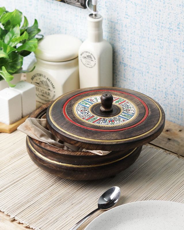 VarEesha Hand Painted Wooden Chapati Box Casserole Thermoware Casserole  (500 ml)