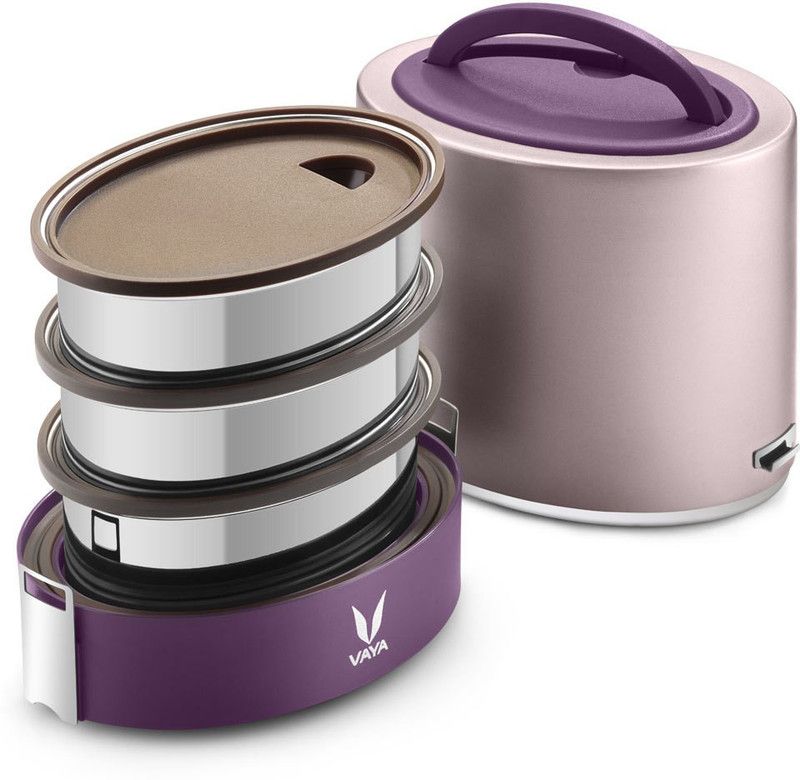 Vaya Tyffyn Lyte 1000 ml Purple Polished Stainless Steel Tiffin Box without BagMat (One 400 ml + Two 300 ml Containers) - 3 Containers Lunch Box  (1000 ml, Thermoware)