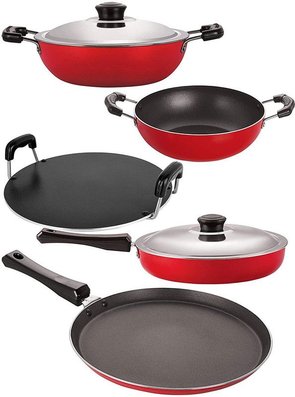 NIRLON Nirlon Non-Stick 5 Piece PFOA Free Cookware Set with Stainless Steel Lid, Red & Black Non-Stick Coated Cookware Set  (PTFE (Non-stick), Aluminium, 5 - Piece)