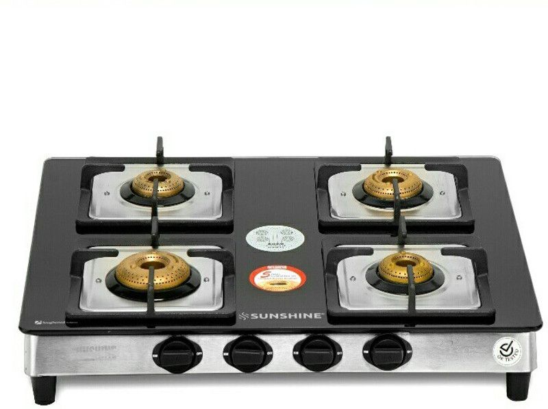 SUNSHINE PRIME FOUR BURNER TOUGHENED GLASS Glass, Stainless Steel Manual Gas Stove  (4 Burners)