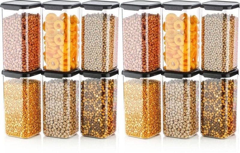 4 SACRED Airtight unbreakable big size square kitchen container set - 1500 ml Plastic Grocery Container  (Pack of 12, Black)