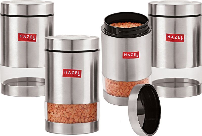 HAZEL Stainless Steel Transparent See Through Container - 700 Steel Grocery Container  (Pack of 4, Silver)