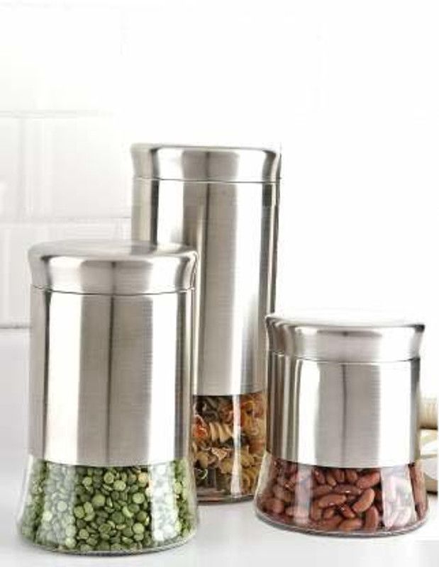 brahmani - 750 ml, 500 ml, 1200 ml Glass, Steel Grocery Container  (Pack of 3, White)