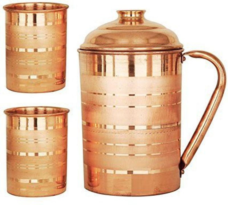 MAGGOT Pure Copper Silver Touch Jug with two Silver Touch Glass Jug Glass Set  (Copper)