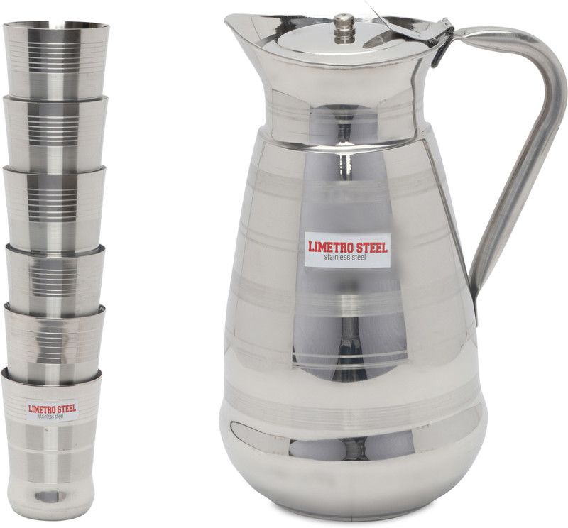 LIMETRO STEEL Stainless Steel High Quality Mirror Polish Modern Stylish and Serving Jug and Glasses Set(GLASSG3-6-JUG-J2) Jug Glass Set  (Steel)