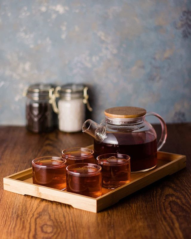 swarupachal Tableware Tea serving kettle with wooden tray, 4 cups Hot Water Jug, coffee pot Jug Glass Tray Set  (glass, wooden)